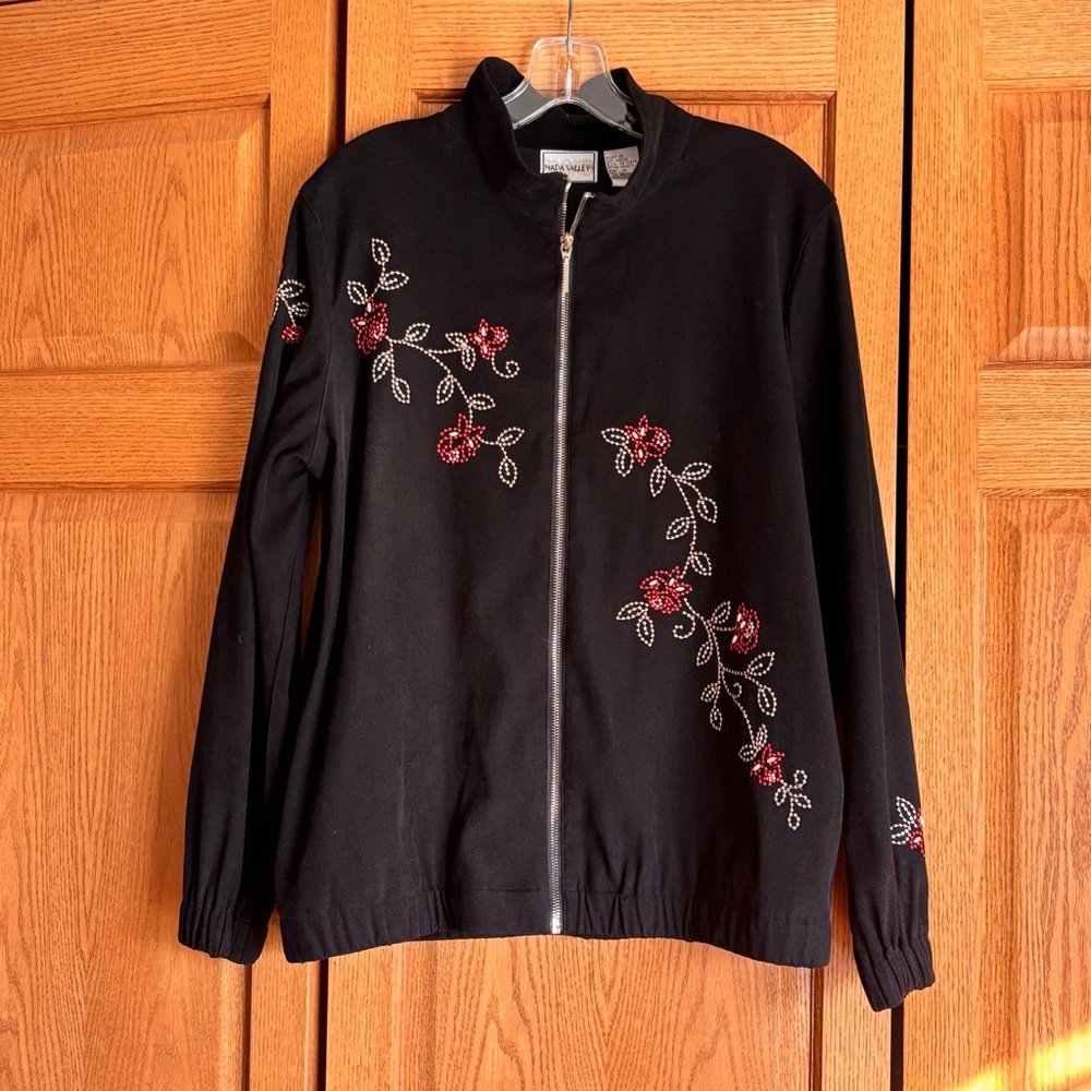 Elegant Black Bomber Women’s Jacket with Red Floral Design size M